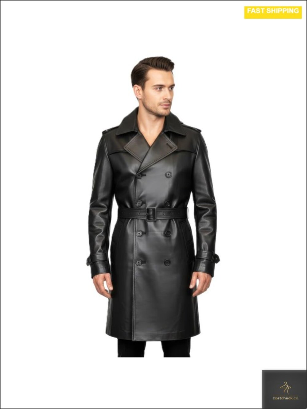 Men's Genuine Lambskin Leather Double-Breasted Long Coat